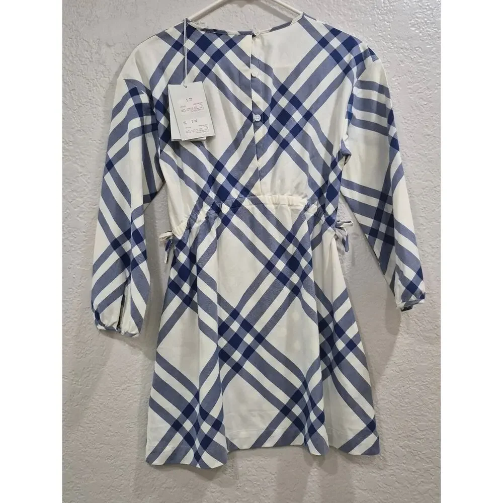 NWT Burberry Girls Blue Plaid Long Sleeve Drawstring Waist Dress 10Y 10